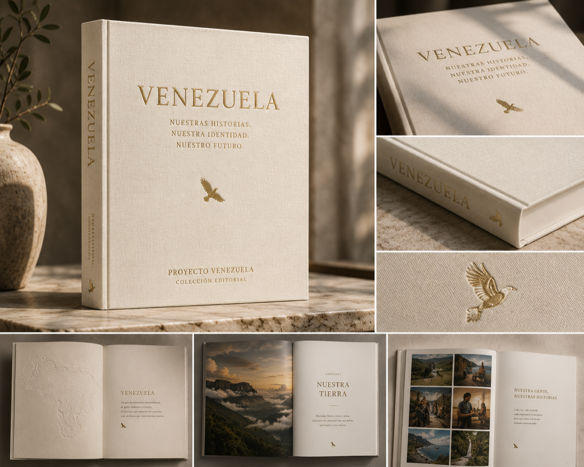 Concepto de una colección editorial venezolana encuadernada en lino marfil