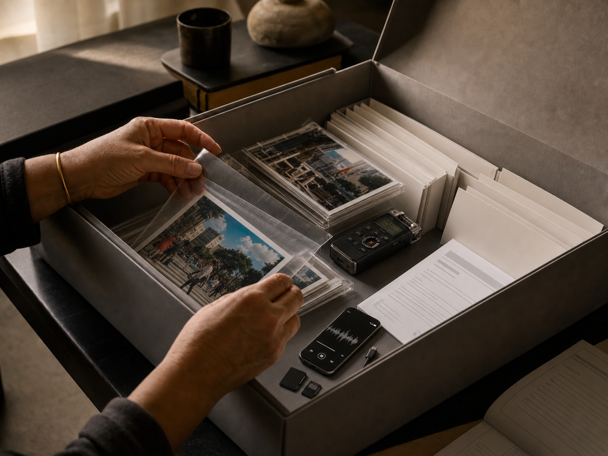 Fotografías actuales, audio digital y documentos preservados en una caja de archivo